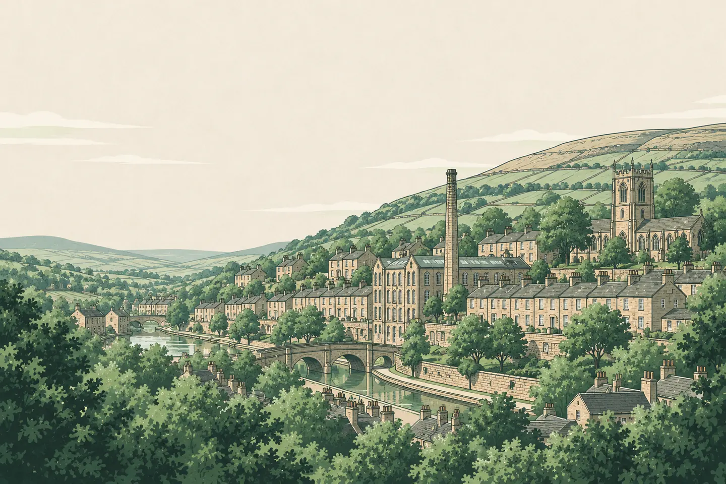 A Pennine valley town of stone terraced houses stepping down a green hillside, with a mill chimney, a church tower, a canal and a stone bridge.