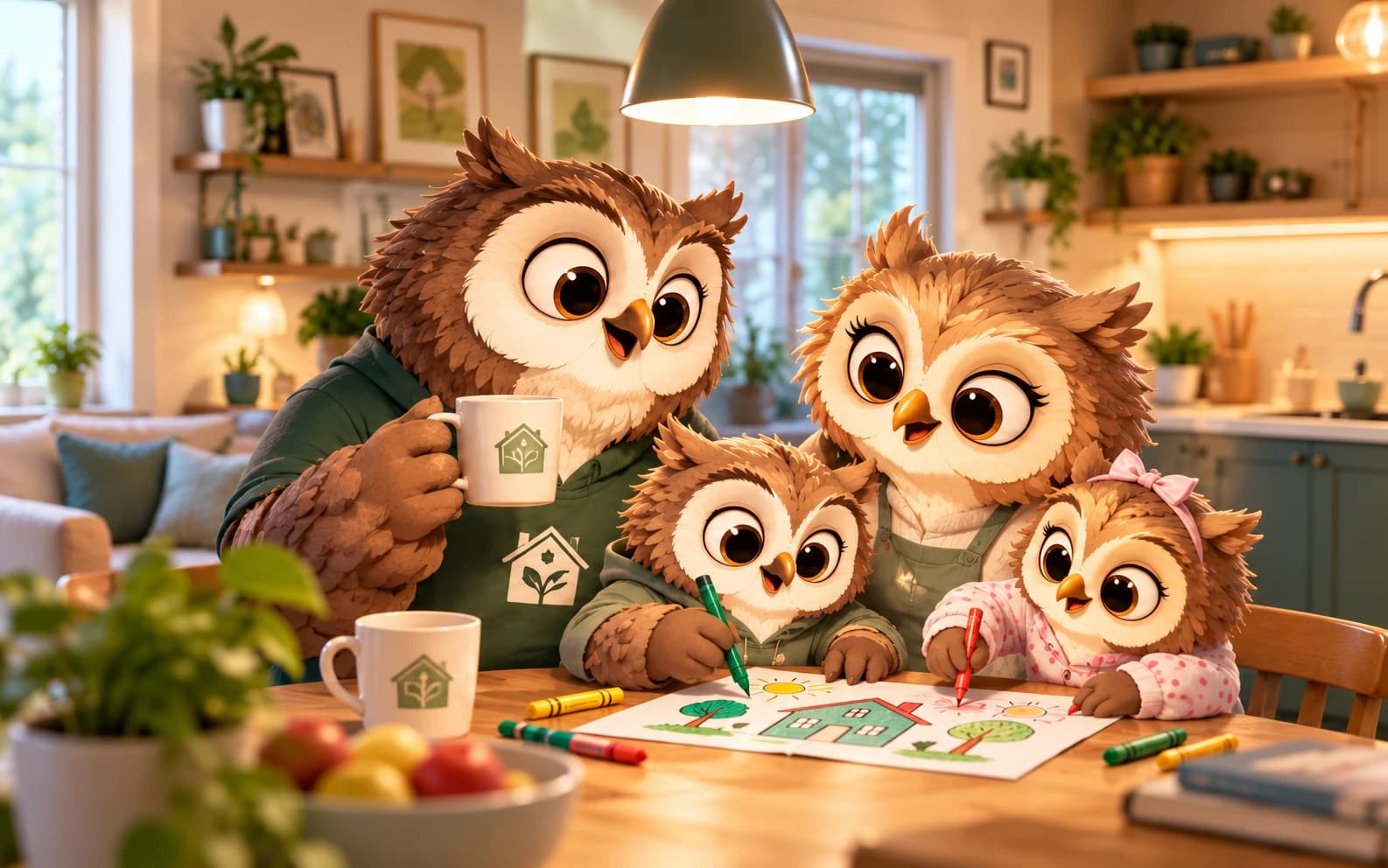 A family of owls drawing a picture of a house together at their kitchen table