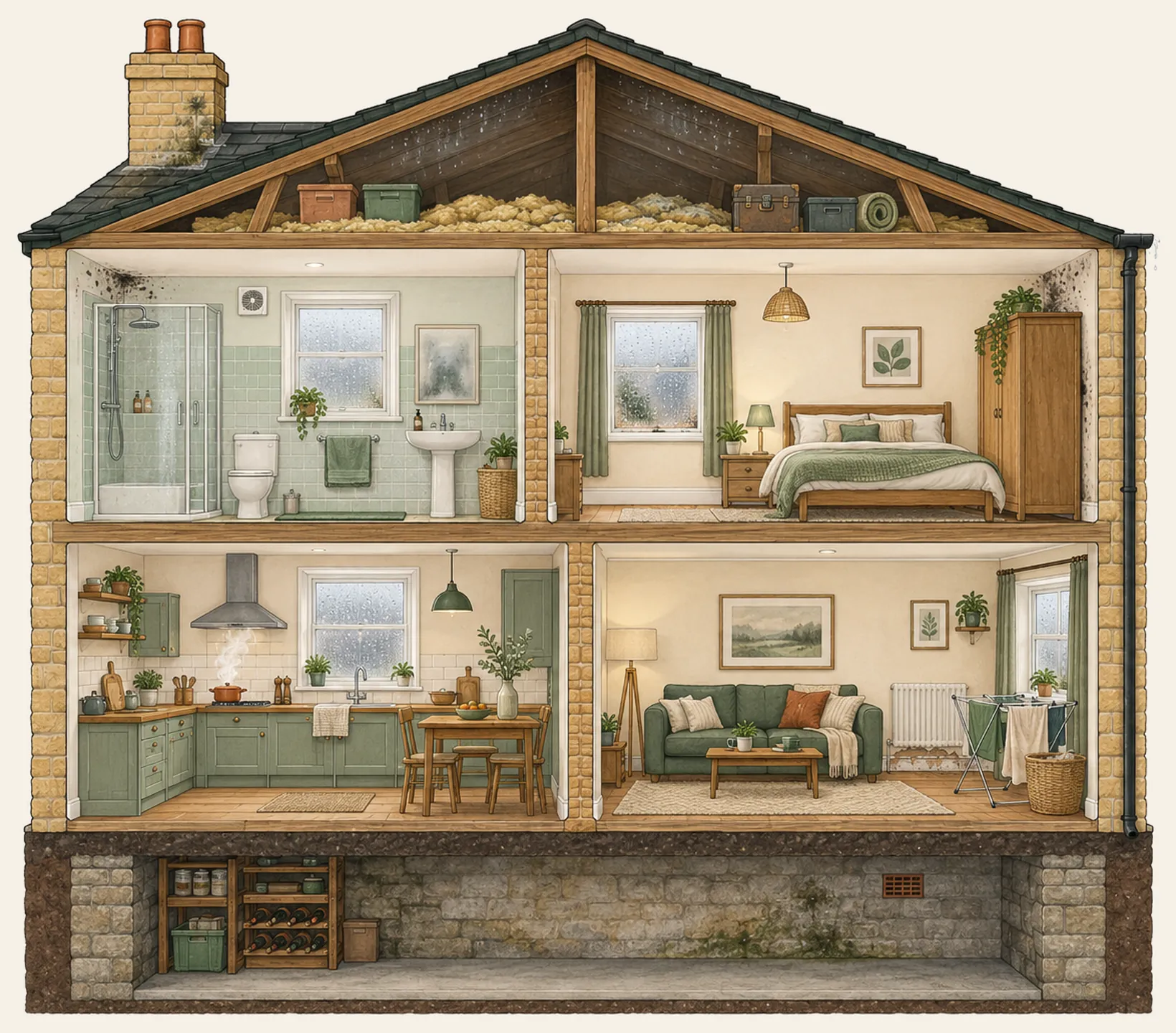 Cutaway illustration of a two-storey stone terraced house with a loft and cellar, showing every room at once.