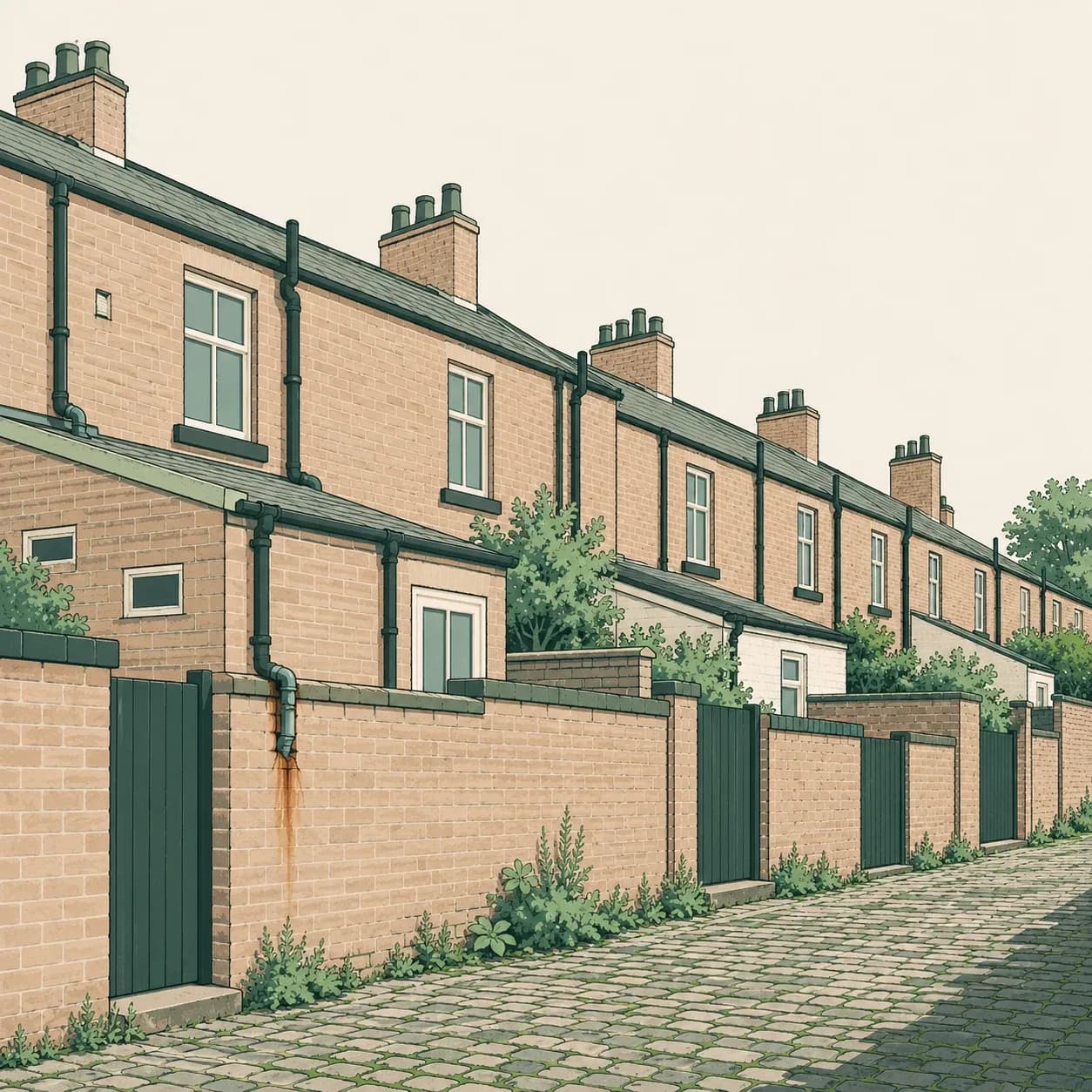 The backs of Blackburn brick terraced houses along a cobbled alley, with a damp stain under a split downpipe.
