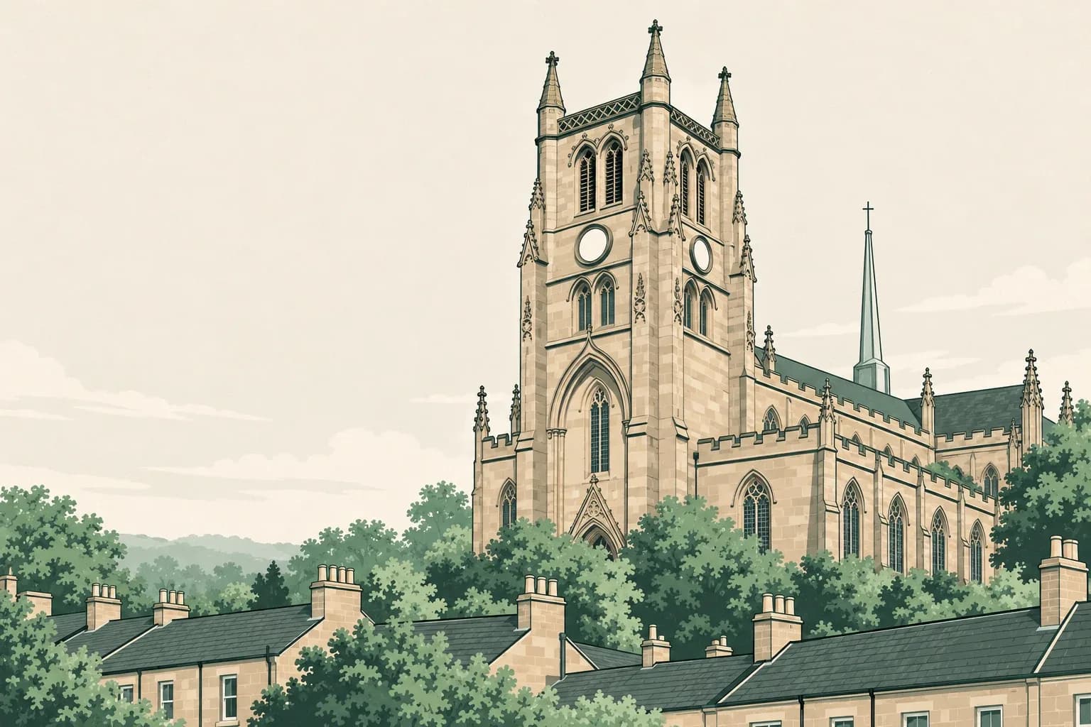 Blackburn Cathedral's tower and spire above brick terraced rooftops.