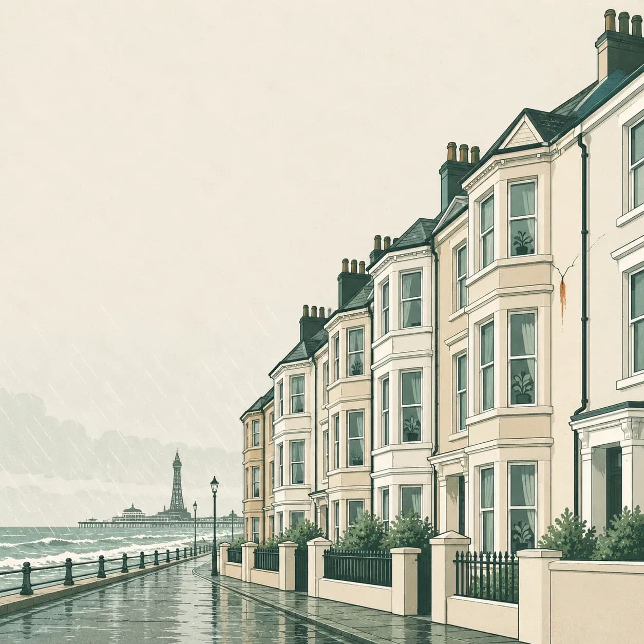 Tall bay-fronted Blackpool guesthouse terraces in wind-driven rain, with a damp streak under a crack in the render.
