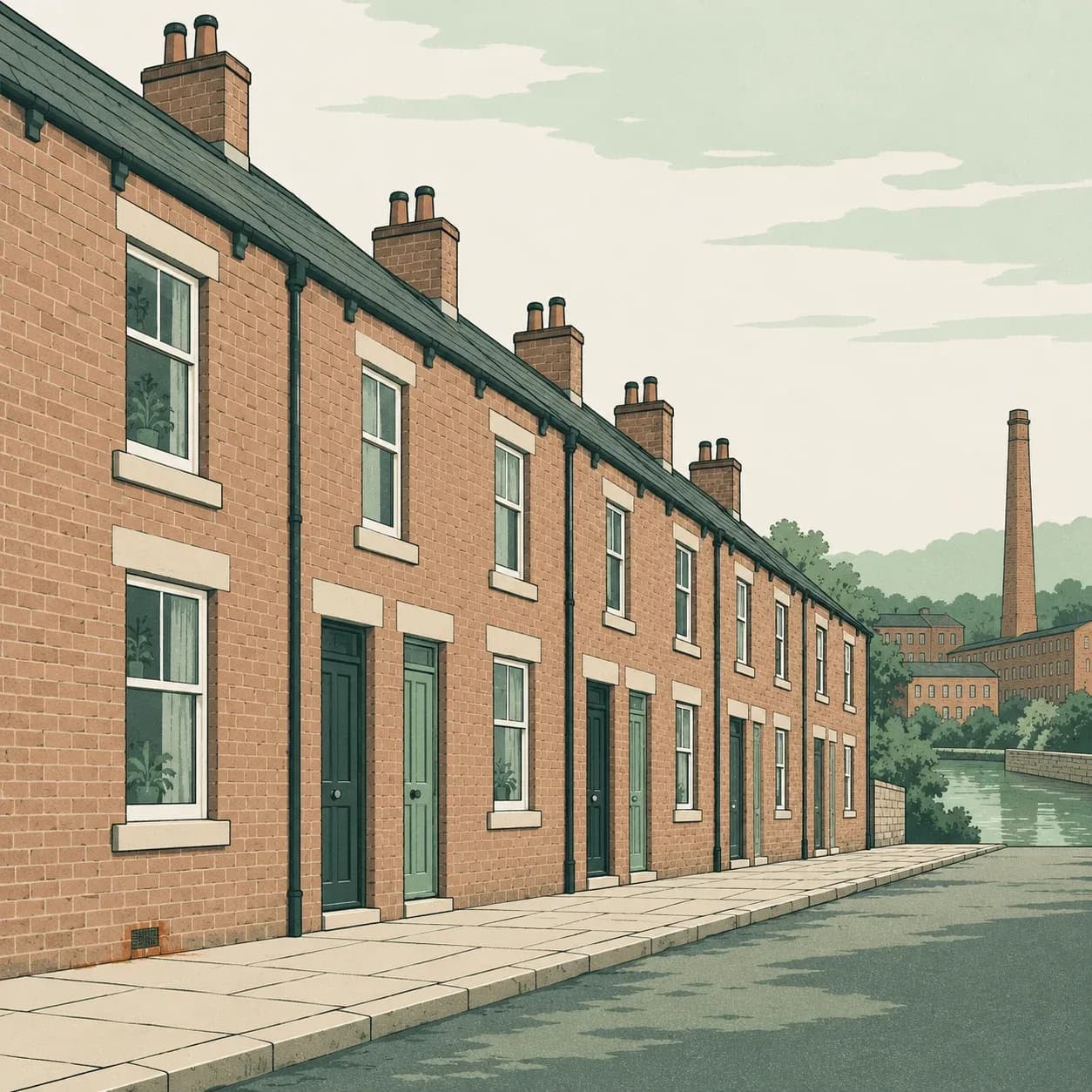 A row of Lancashire red-brick terraced houses by a canal and mill chimney, with damp around a half-blocked airbrick.
