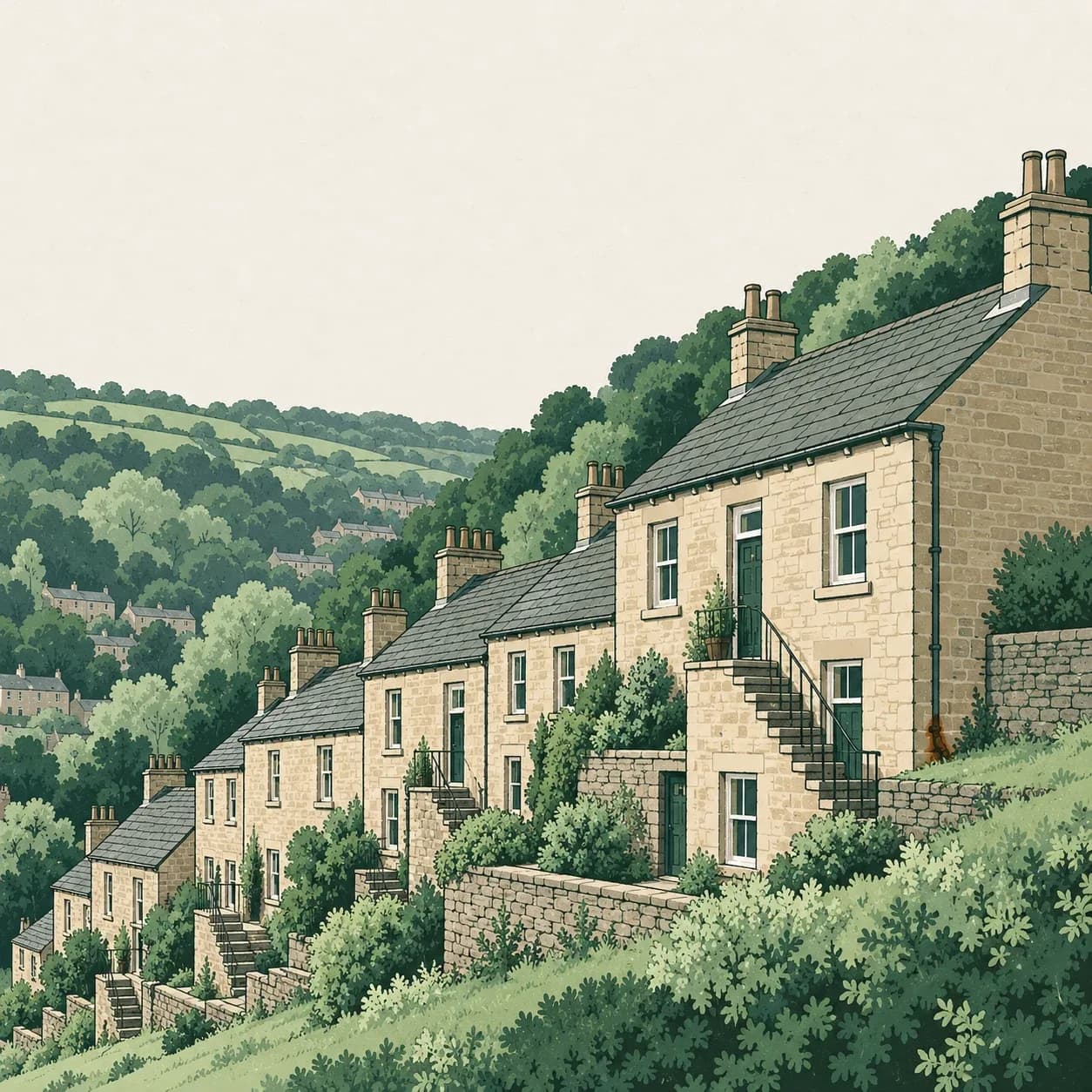 Stone terraced houses built into a steep Calderdale valley side, with a damp patch low on the wall against the hillside.