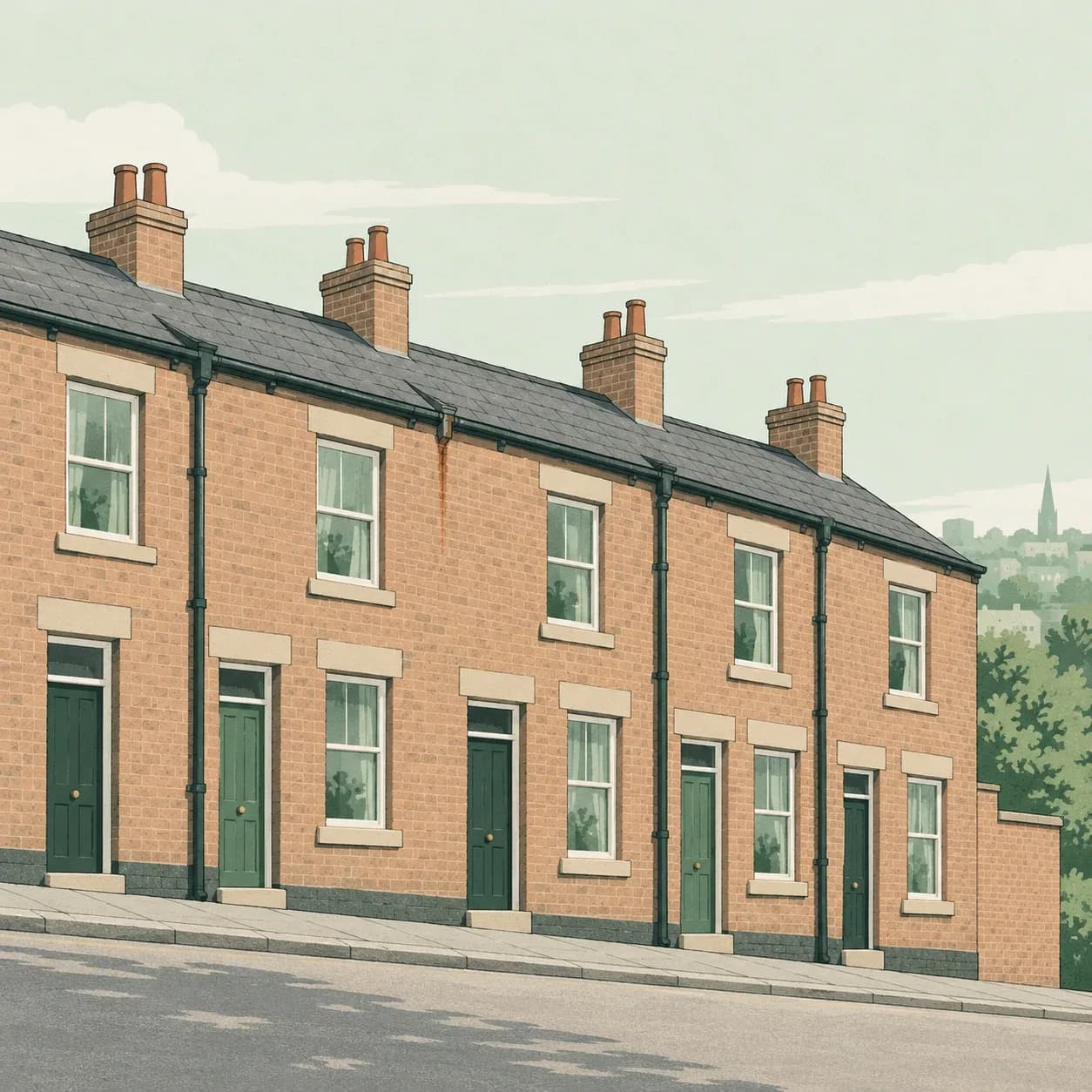 A row of red-brick Leeds back-to-back terraced houses, with a damp streak on the brickwork under a cracked gutter joint.