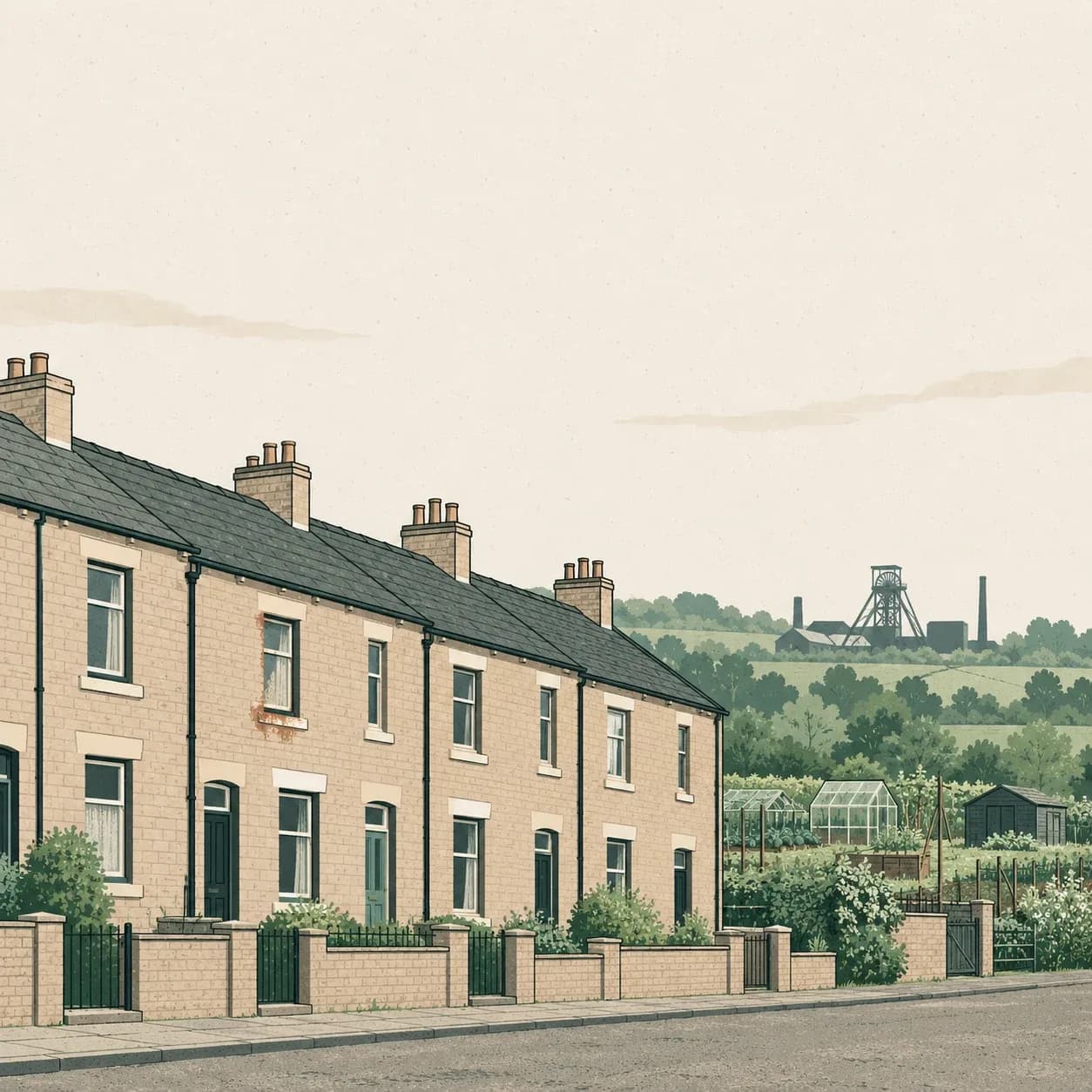 Red-brick terraced houses in a former mining village near Wakefield, with damp around an old window frame.