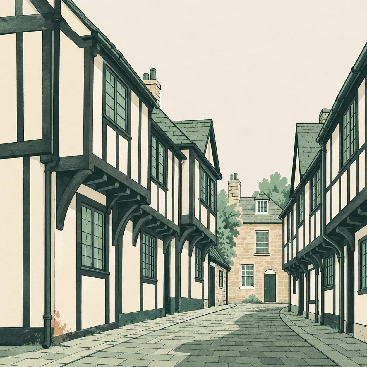A narrow York street of timber-framed houses with overhanging upper floors, with a damp patch at the foot of one wall.