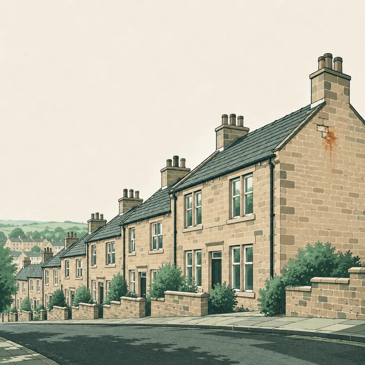Yorkshire sandstone terraced houses stepping down a Bradford hill, with a damp stain where the pointing has worn away on a gable.