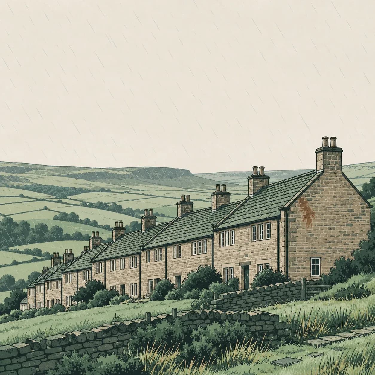 Stone weavers' cottages on an exposed Pennine hillside, with a damp patch on the gable facing the rain.
