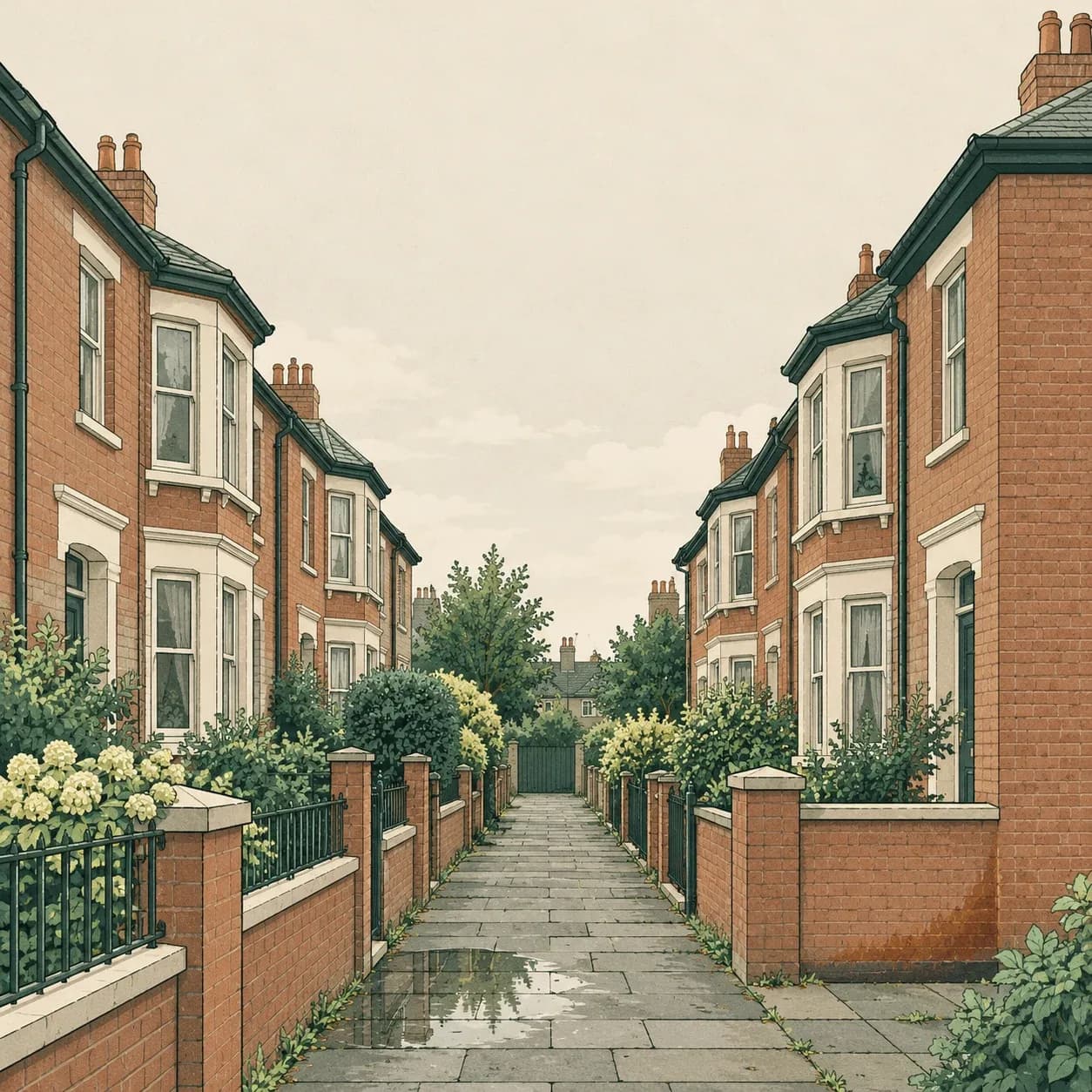 Edwardian bay-windowed brick terraced houses facing each other across a narrow Hull path, with a damp tide-mark after rain.
