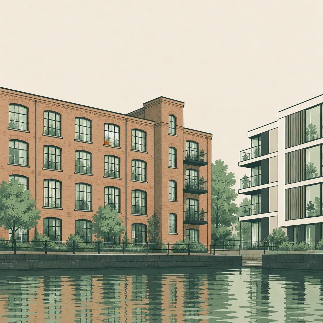 A red-brick cotton mill converted to flats beside a modern apartment block and a canal, with condensation on one window.